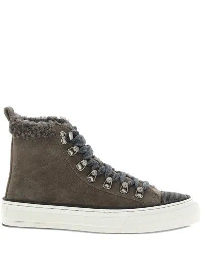 Brunello Cucinelli Shearling-trim Sneakers In Gray