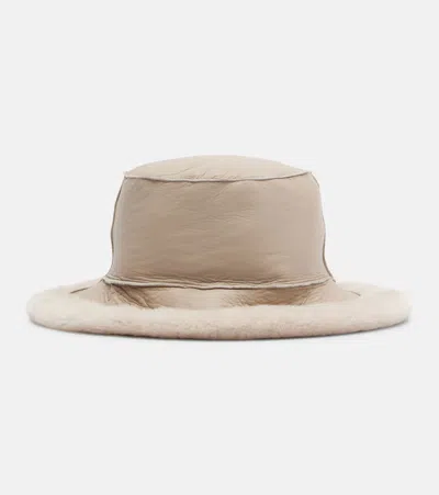 Brunello Cucinelli Shearling-trimmed Leather Boater Hat In Sand