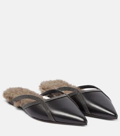 Brunello Cucinelli Shearling-trimmed Leather Slippers In Black