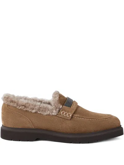 Brunello Cucinelli Shearling-trimmed Penny Loafers In Brown