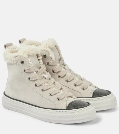 Brunello Cucinelli Shearling-trimmed Suede High-top Trainers In Beige