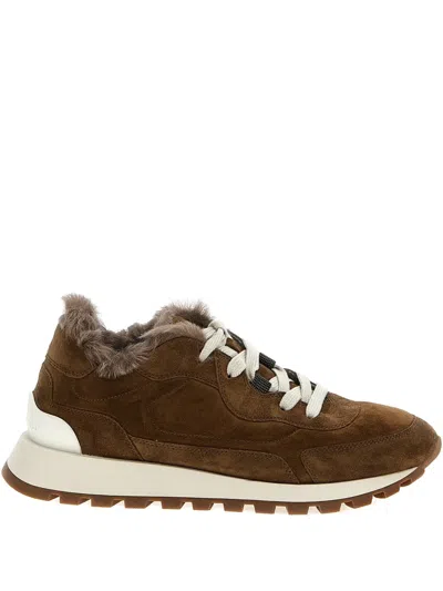 Brunello Cucinelli Shearling-trimmed Suede Sneakers In Brown