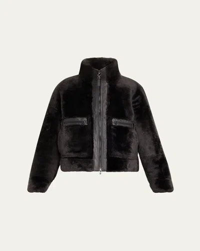 Brunello Cucinelli Shearling Velour Leather Zip Pocket Jacket In Black