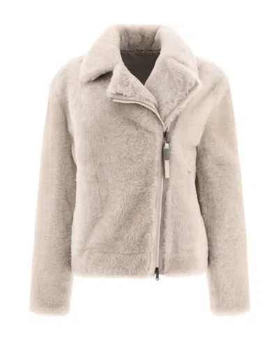 Brunello Cucinelli Shearling Zip-up Jacket In Beige