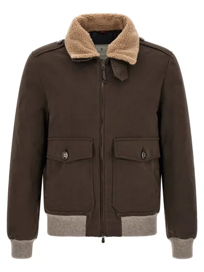 Brunello Cucinelli Shearling-collar Bomber Jacket In Brown