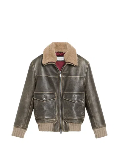 Brunello Cucinelli Kids' Shearling-collar Leather Bomber Jacket In Brown