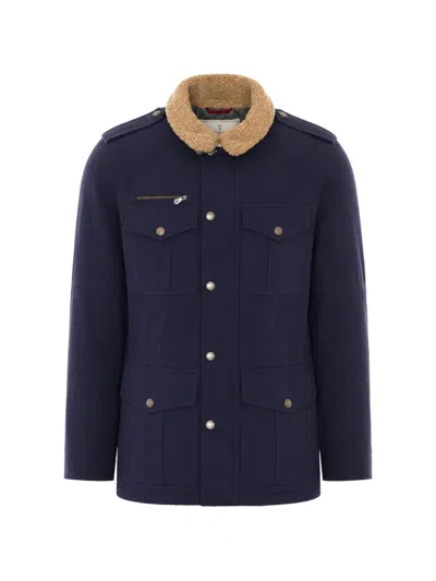Brunello Cucinelli Shearling-collar Multi-pocket Jacket In Blue