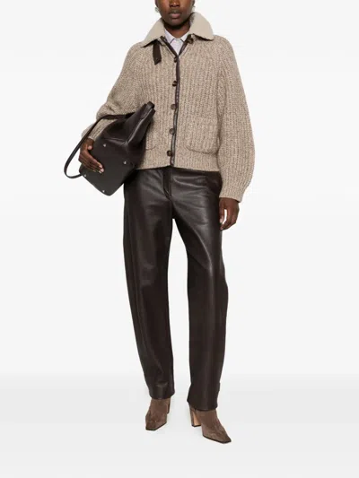 Brunello Cucinelli Shearling-collar Ribbed-knit Cardigan In Nude