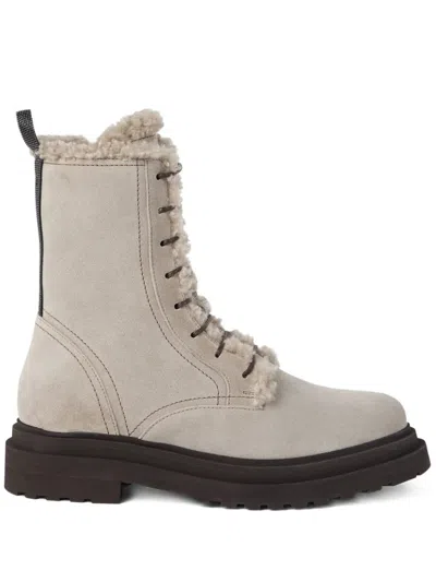Brunello Cucinelli Shearling-lined Lace-up Boot In Cream