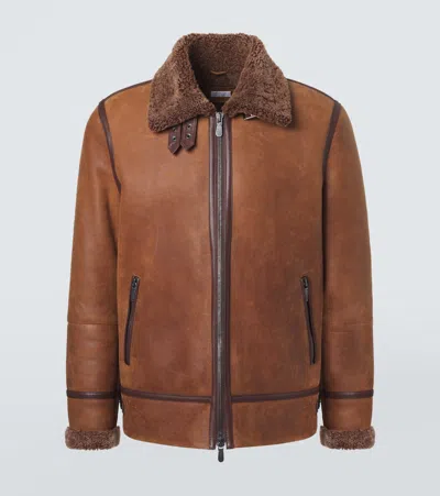 Brunello Cucinelli Vintage-effect Shearling Aviator Jacket In Brown