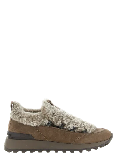 Brunello Cucinelli Shearling-lined Suede Sneaker In Brown