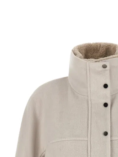 Brunello Cucinelli Shearling-trim Bat-sleeve Coat In Neutral