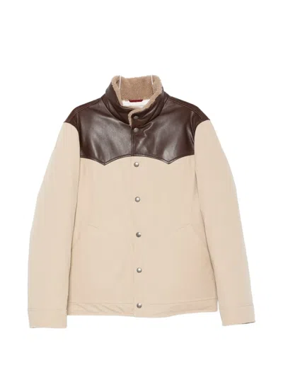 Brunello Cucinelli Shearling-trim Leather-yoke Jacket In Neutral