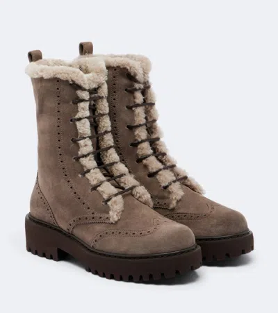 Brunello Cucinelli Brogue-detailed Shearling-trimmed Suede Ankle Boots In Brown