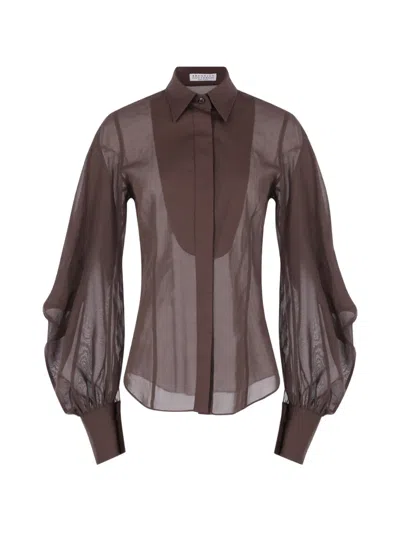 Brunello Cucinelli Sheer Bishop-sleeve Shirt In Brown