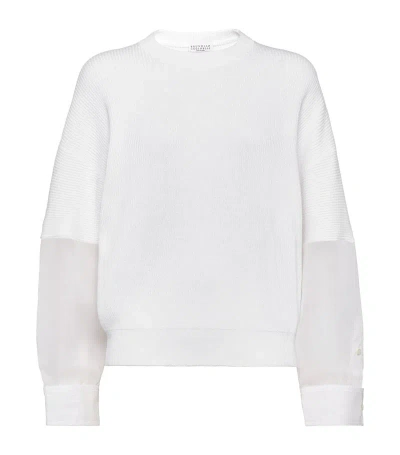 Brunello Cucinelli Sheer-detail Ribbed Sweatshirt In White