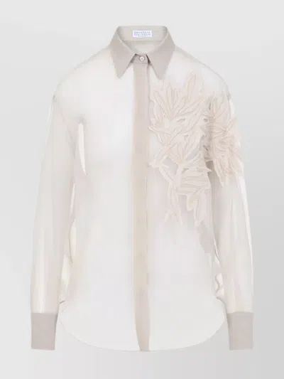 Brunello Cucinelli Sheer Fabric Embroidered Shirt With Pointed Collar In Beige