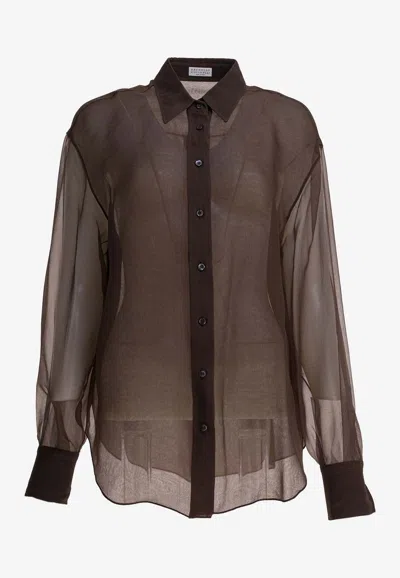 Brunello Cucinelli Sheer Long-sleeved Silk Shirt In Brown