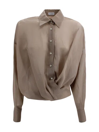 Brunello Cucinelli Sheer Silk Shirt With Ruched Detail In Brown