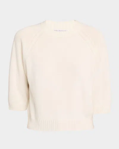 Brunello Cucinelli Shetland Cashmere Knit 3/4-sleeve Crewneck Sweater In Neutral