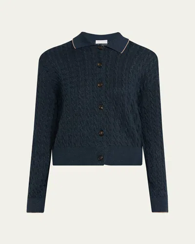 Brunello Cucinelli Shimmering Cable Knit Collared Cardigan In Blue