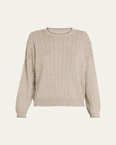 Brunello Cucinelli Shimmering Cable Knit Crewneck Sweater In Brown