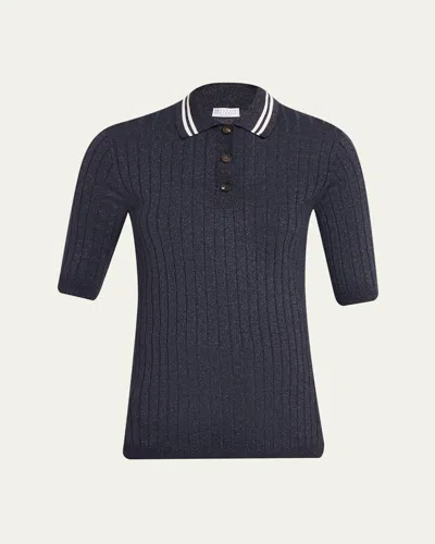 Brunello Cucinelli Shimmering Cashmere Rib Short-sleeve Polo Sweater In Blue