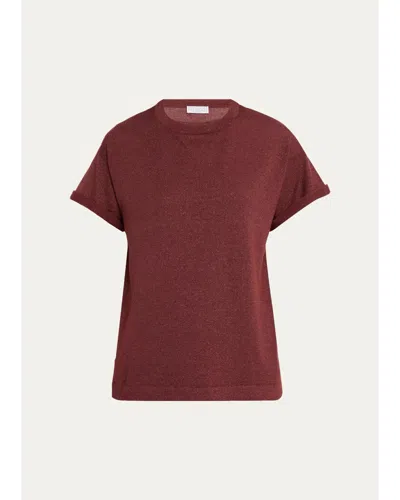 Brunello Cucinelli Shimmering Cashmere Short-sleeve Crewneck Sweater In C9791 Red