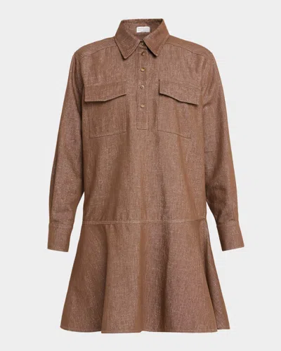 Brunello Cucinelli Shimmering Denim Mini Shirtdress In Brown
