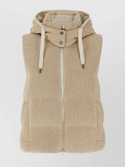 Brunello Cucinelli Shimmering Hooded Drawstring Padded Vest In Neutral