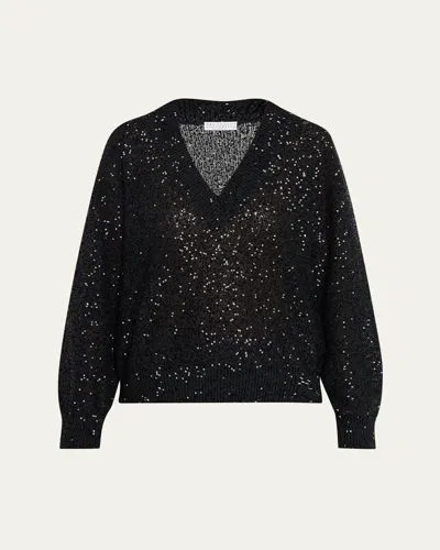 Brunello Cucinelli Shimmering Linen-cashmere V-neck Sweater In Black