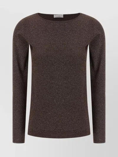 Brunello Cucinelli Shimmering Metallic Knit Top With Long Sleeves In Brown