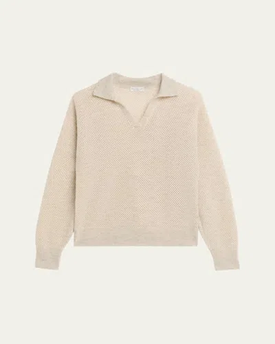 Brunello Cucinelli Shimmering Mohair Net Knit Polo Sweater In Neutral