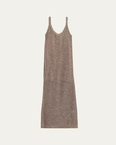 Brunello Cucinelli Shimmering Net Knit Sleeveless Maxi Dress In Brown