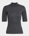 Brunello Cucinelli Shimmering Striped Rib Cashmere Mock-neck Sweater In Gray