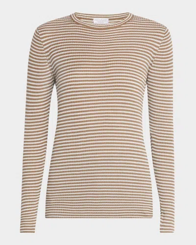Brunello Cucinelli Shimmering Thin Rib Stripe Cashmere And Wool Long-sleeve Top In Brown