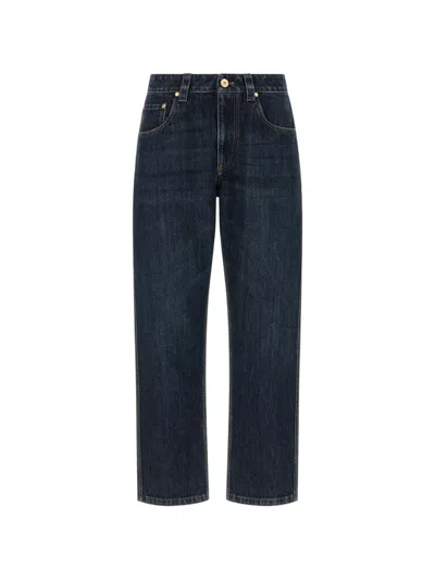 Brunello Cucinelli Shiny Stitching Mid Waist Straight Leg Jeans In Blue