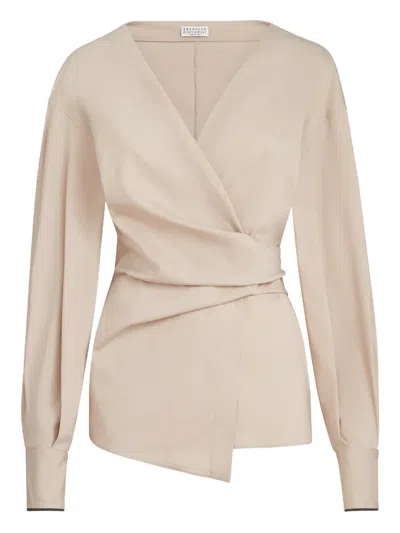 Brunello Cucinelli Stretch Poplin Shirt With Monili In Brown