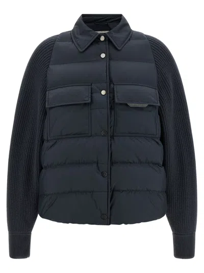 Brunello Cucinelli Down Jacket Knit Sleeves Shirt Collar In Multi