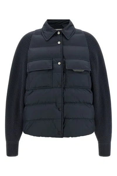 Brunello Cucinelli 'shiny Flap Detail' Down Jacket In Blue