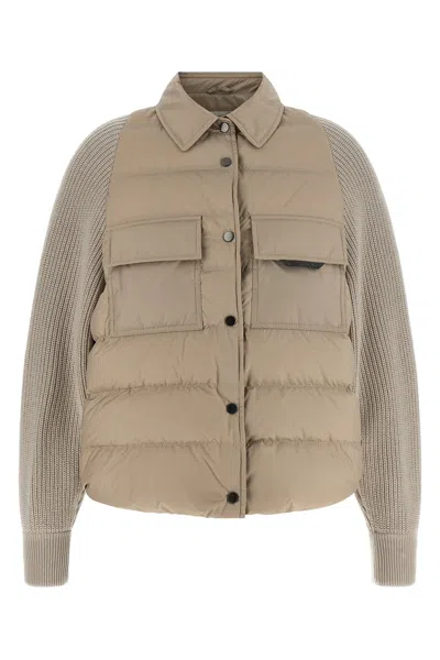Brunello Cucinelli 'shiny Flap Detail' Down Jacket In Neutral