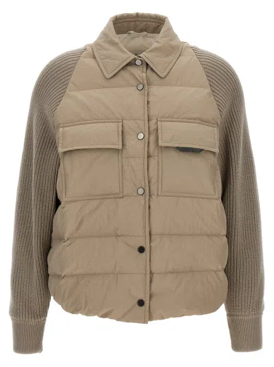 BRUNELLO CUCINELLI SHINY FLAP DETAIL PUFFER JACKETS BEIGE