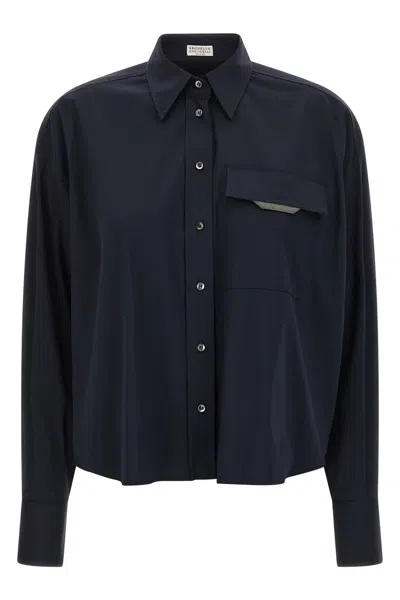 Brunello Cucinelli Front Pocket Shirt Shiny Flap Detail In Blue