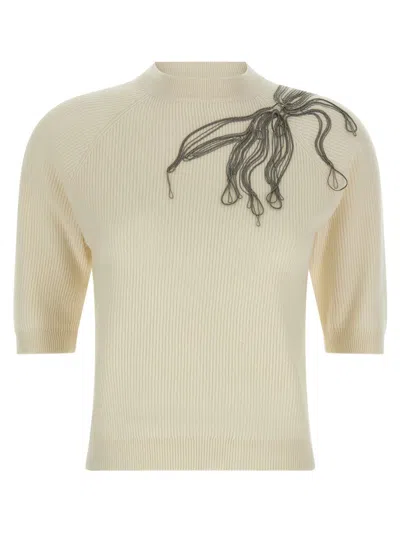Brunello Cucinelli Shiny Flower Embroidery Sweater In Neutral