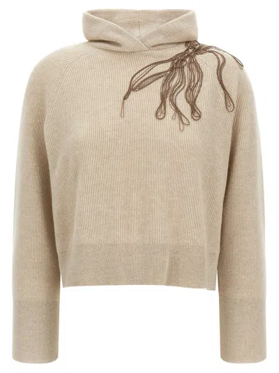 Brunello Cucinelli Shiny Flower Embroidery Sweater In Neutral