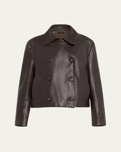 Brunello Cucinelli Shiny Leather Double-breasted Jacket In Chocolate