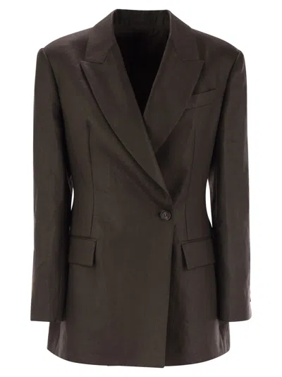 Brunello Cucinelli Shiny Linen Twill Jacket With Necklace In Brown
