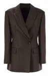 Brunello Cucinelli Shiny Linen Twill Jacket With Necklace In Brown