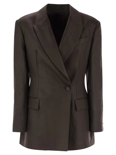 Brunello Cucinelli Shiny Linen Twill Jacket With Necklace In Brown