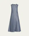 Brunello Cucinelli Shiny Long Linen Wool Twill A-line Dress With Monili Neckline In Blue